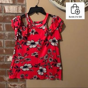 White Birch red floral cold shoulder top Medium